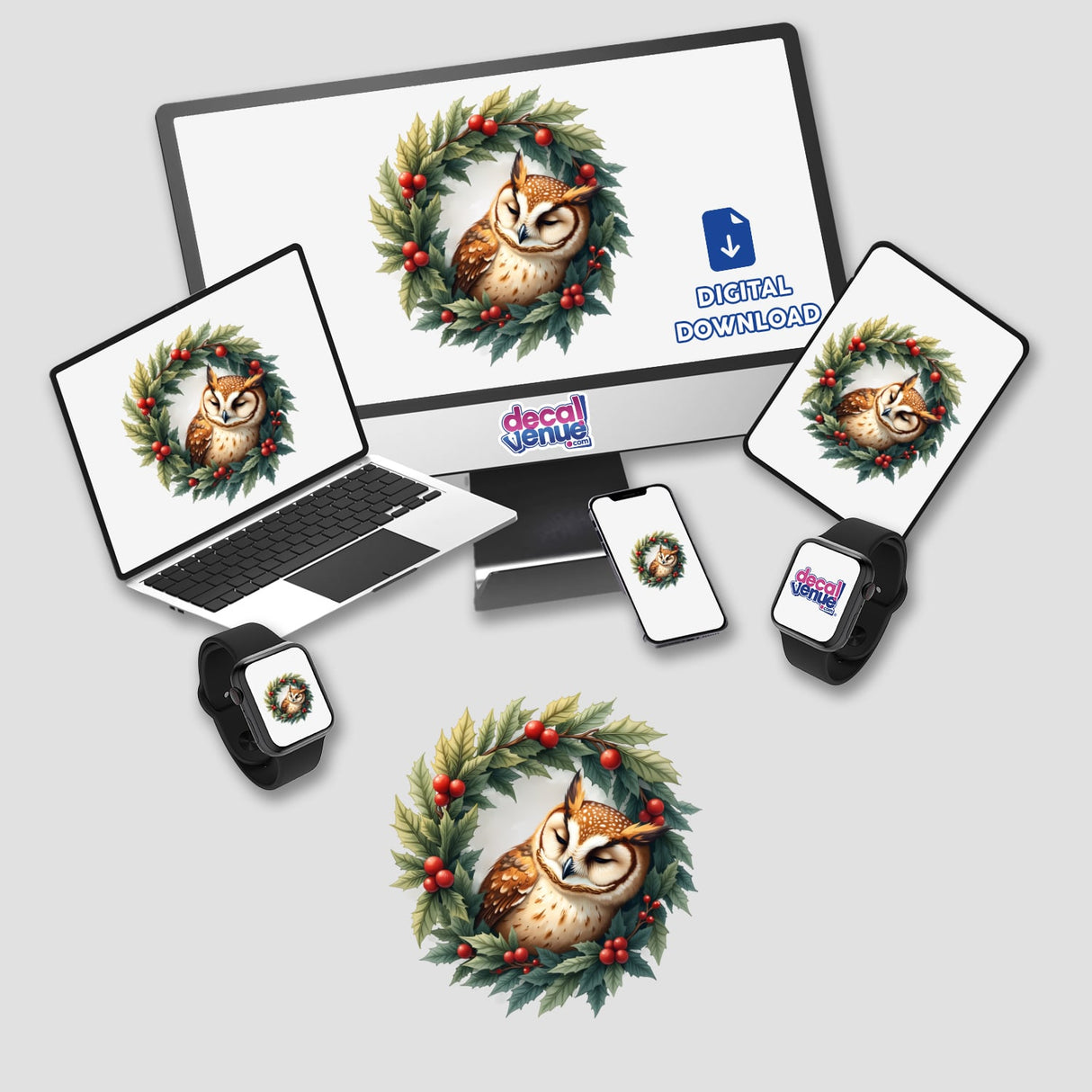 Sleepy Owl in a Christmas Wreath displayed on a computer monitor and laptop, highlighting its availability as stickers or digital artwork from Decal Venue.