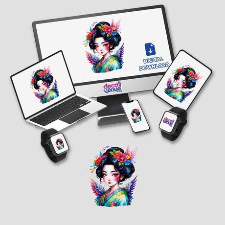 Sticker Design: Enchanting Angelic Geisha Beauty displayed on a computer monitor and laptop, showcasing a digital artwork of a woman with flowers in her hair and angelic wings.