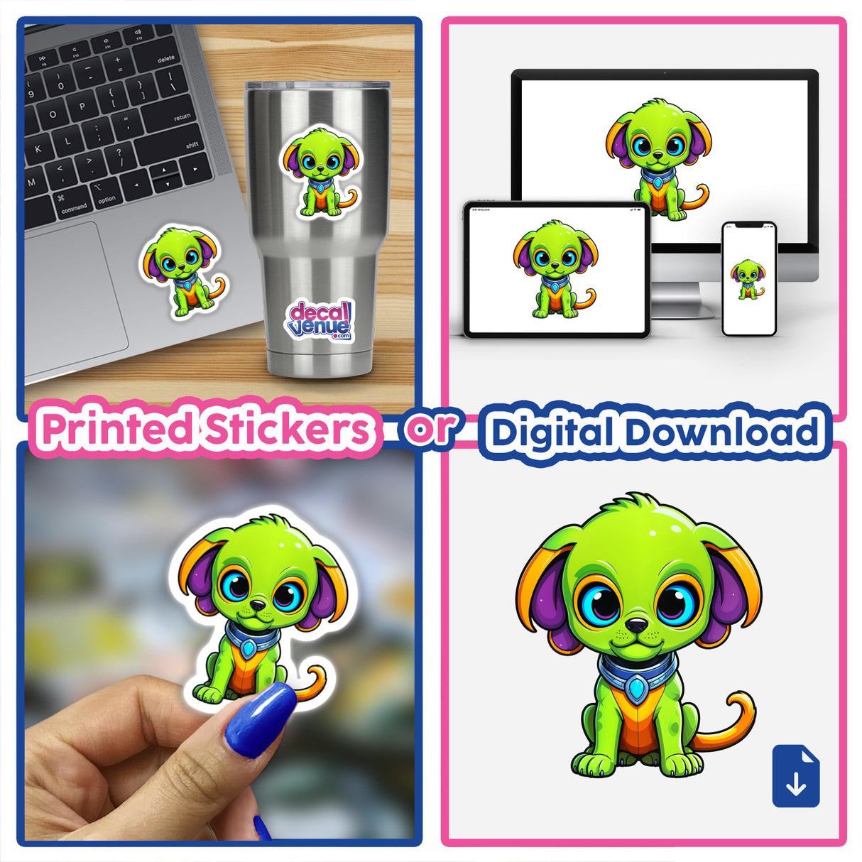 Cute Puppy From Outer Space stickers and digital artwork collage, featuring whimsical cartoon dog designs, perfect for personalizing laptops and cups, offered by Decal Venue.