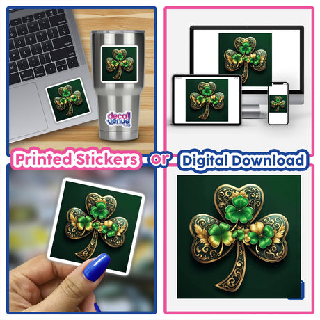 Elegant Golden Shamrock with Intricate Filigree and Green Clover Accents featured in a collage of clover-themed images showcasing its design as stickers or digital artwork from Decal Venue.