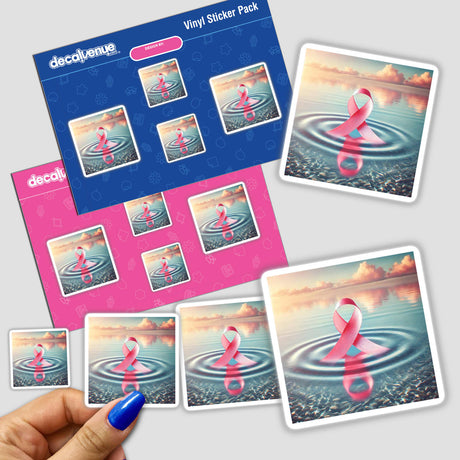 Healing Waters - Pink Ribbon Floating on a Calm Sea sticker pack, featuring a detailed close-up of a hand with blue nail polish holding a sticker.