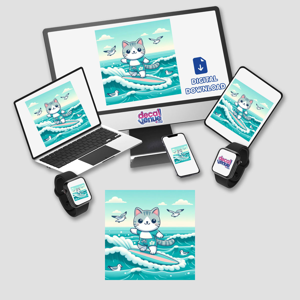 Adorable cartoon cat riding a surfboard surrounded by waves and seagulls, available as a digital download from Decal Venue, an online store offering unique stickers and digital art.