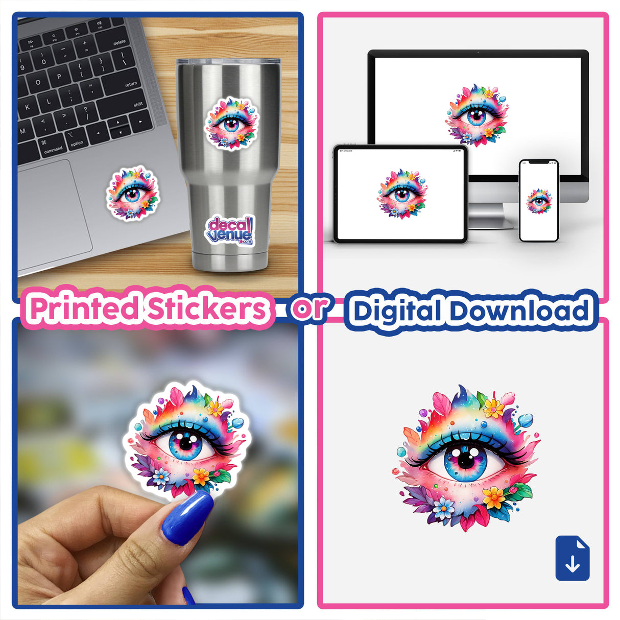 Collage featuring the Floral Rainbow Third Eye sticker on a laptop, alongside close-ups of the sticker, digital artwork, and a vibrant computer screen illustration.