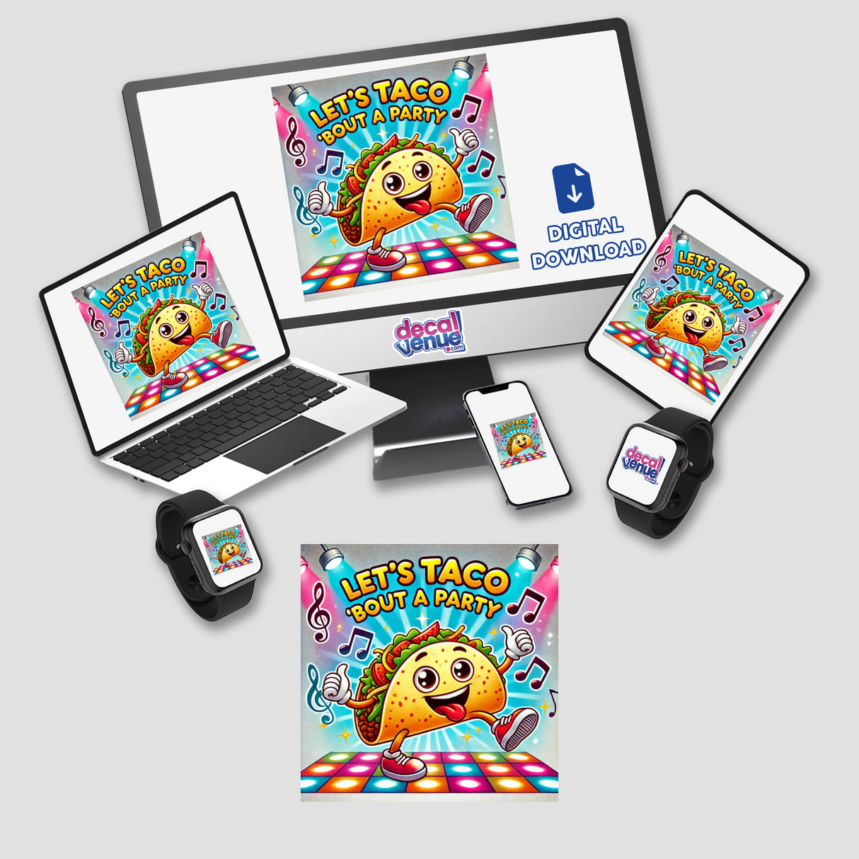 Dancing Taco - Let’s taco ‘bout a party: A computer monitor and laptop display a vibrant cartoon taco dancing, available as unique stickers or digital artwork from Decal Venue.