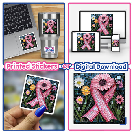 Pink Ribbon with Floral Accents Mosaic showing a collage of pink ribbons and flowers, available as stickers or digital artwork.