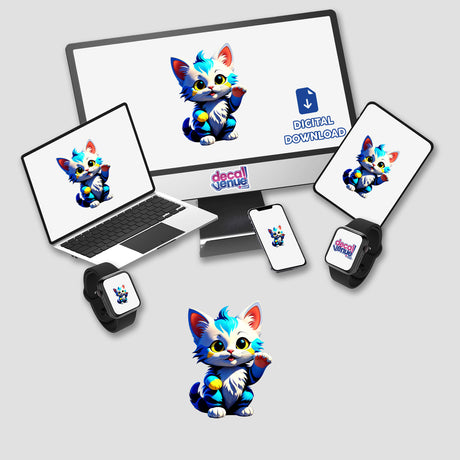 A Cute Little Kitten displayed on a computer monitor and laptop screen, available as stickers or digital artwork, perfect for fans of unique cartoon designs.