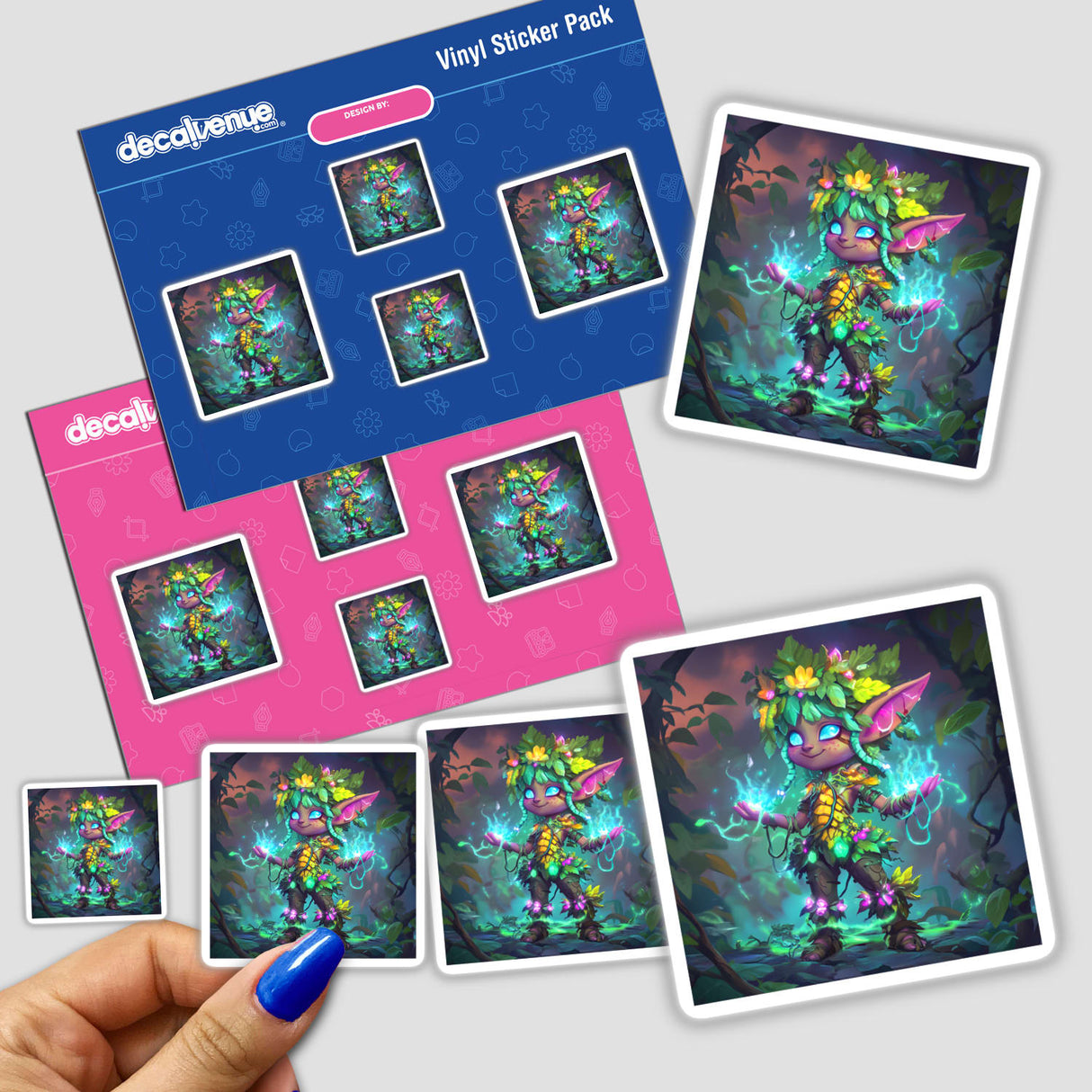 Stickers of a cartoon character titled Forest Elf with Nature Magic and Glowing Vines, featuring a green-haired elf in a forest, available as stickers or digital artwork.