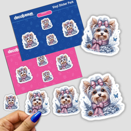 Pastel Watercolor Winter Yorkie Dog stickers featuring cartoon Yorkies with bows and scarves, available as stickers or digital artwork from Decal Venue.