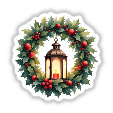 Festive Lantern in a Christmas Wreath featuring a candle surrounded by holly leaves and decorative red balls, available as stickers or digital artwork from Decal Venue's unique collection.