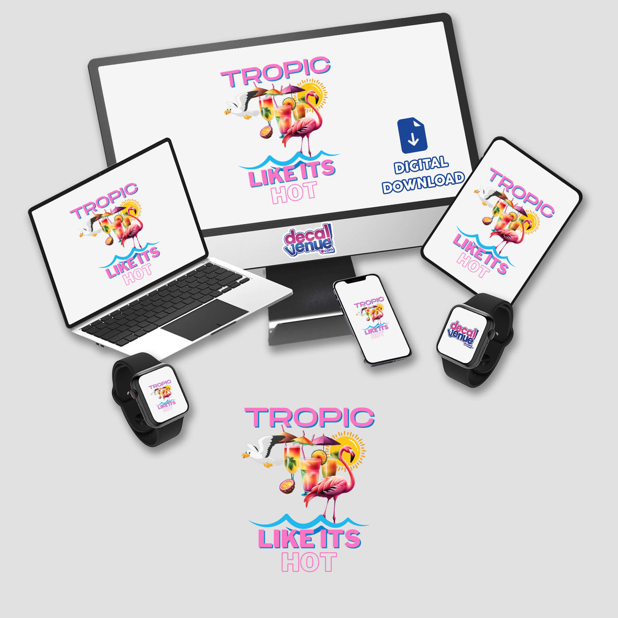 Laptop, smart watches, and other electronic devices displayed. Product title Summer Beach available as stickers or digital artwork from Decal Venue.