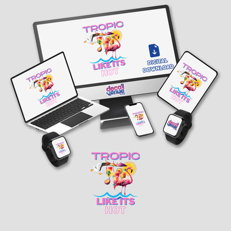 Laptop, smart watches, and other electronic devices displayed. Product title Summer Beach available as stickers or digital artwork from Decal Venue.