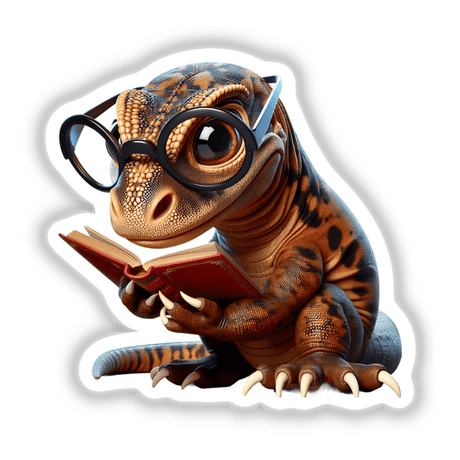 Komodo Dragon With Reading Glasses Open Book, depicted as a whimsical lizard wearing glasses engrossed in a book, available as unique stickers or digital artwork from Decal Venue.