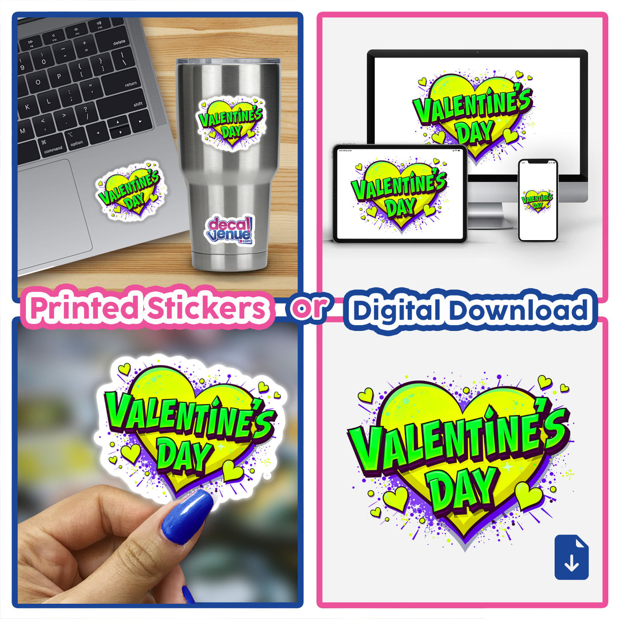 Valentine's Day Love Heart stickers feature vibrant heart designs for laptops, perfect for adding a touch of romance. Available as unique stickers or digital artwork from Decal Venue.