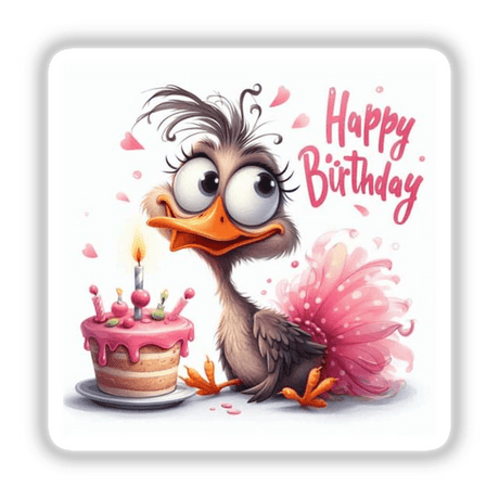 Cartoon bird in a pink tutu holding a birthday cake with pink icing and candles, featured on Birthday Series #10 stickers from Decal Venue.