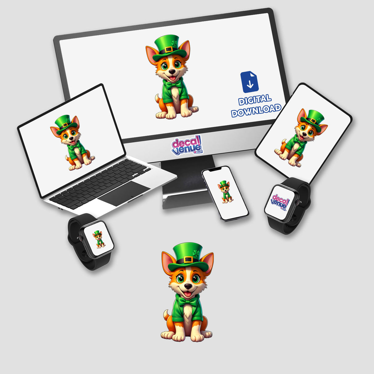 St. Patrick's Day Puppy: Cartoon dogs wearing green hats and jackets displayed on a computer monitor, laptop, and other devices, available as stickers or digital artwork from Decal Venue.