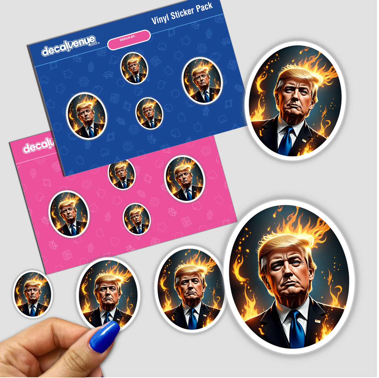 Stickers featuring President Donald Trump in a suit with flames around his head, offered as unique vinyl stickers or digital art from Decal Venue.