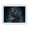 Steampunk Owl Perched on Telescope with Gears and Glowing Eye, depicted as a cartoon owl with intricate mechanical elements, available as stickers or digital artwork from Decal Venue.