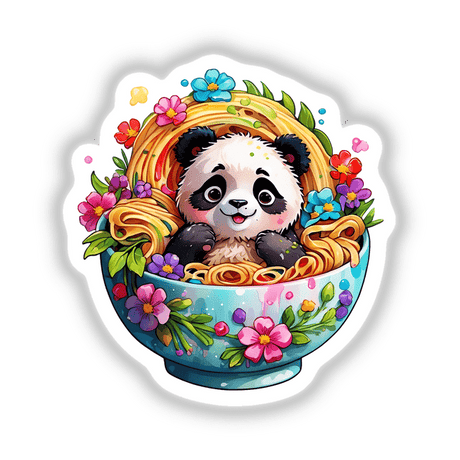 Cartoon illustration of a panda sitting in a bowl of noodles, available as stickers or digital artwork titled Panda Noodle Bowl from Decal Venue.