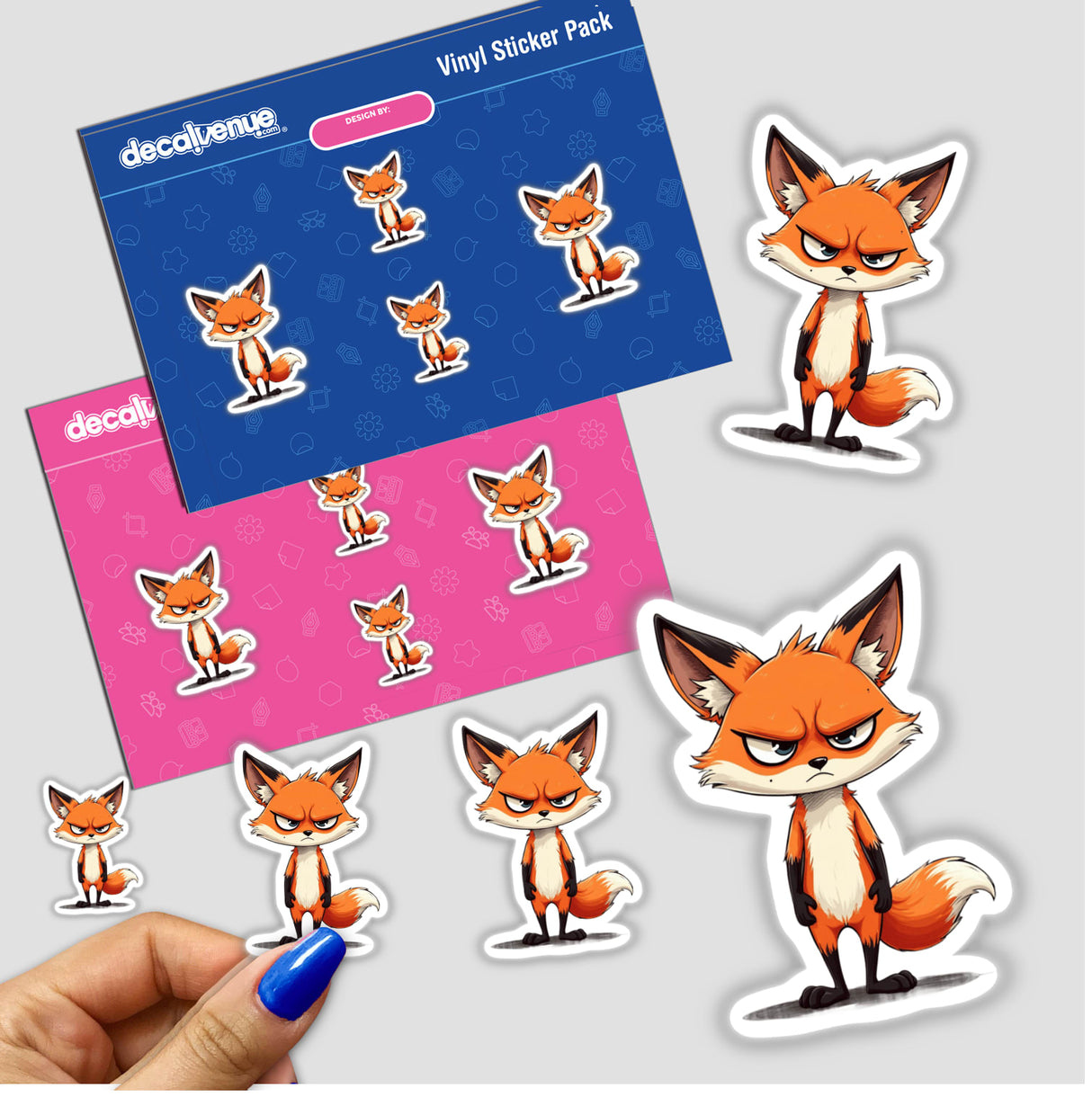 Sticker pack featuring Angry Fox with Intense Stare Cartoon, showcasing multiple stickers of a serious-looking cartoon fox. Available as physical stickers or digital artwork.