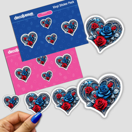 Luxurious Silver Blue Heart sticker featuring red and blue roses, showcased in a hand. Available as stickers or digital artwork from Decal Venue, known for unique vinyl stickers and art.