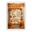 Pumpkin Spice Latte Cake Recipe Clipart – Stickers or Download with Commercial Rights, featuring a framed recipe surrounded by pumpkins, cinnamon sticks, and autumn leaves. Perfect for seasonal decor and crafts.