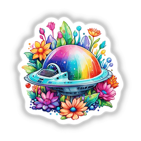 Alien Odyssey: Floral Splash Rainbow Spaceship Sticker featuring a vibrant cartoon spaceship amidst colorful flowers. Available as stickers or digital artwork from Decal Venue.