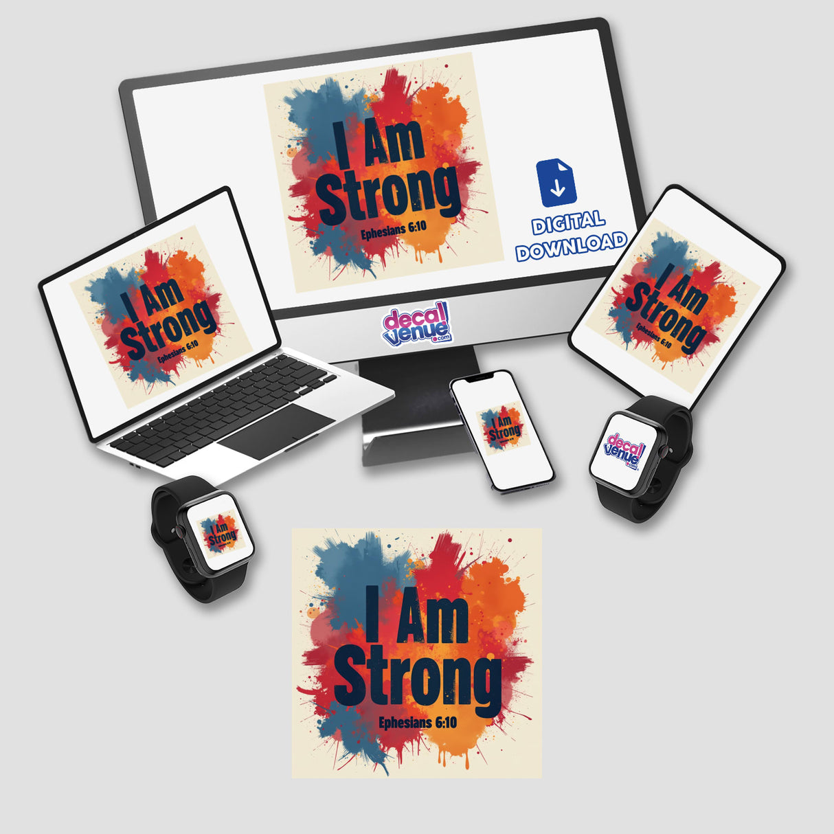 I Am Strong - Ephesians 6:10 Christian faith-based sticker or clipart featuring multiple digital devices displaying paint splashes and logos, available for purchase with commercial rights at Decal Venue.