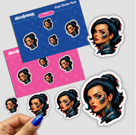 Sticker featuring A Pretty Biker Girl With Tattoos, highlighting a woman's face adorned with tattoos and black hair. A unique design from Decal Venue, known for distinctive stickers and digital art.