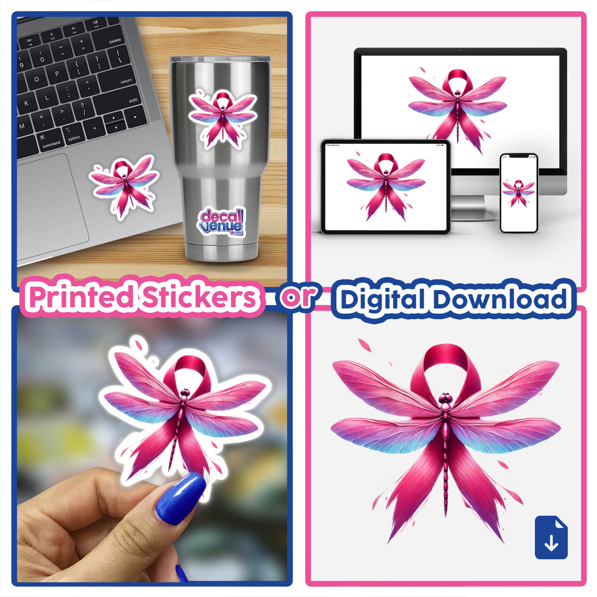 Dragonfly Pink Ribbon Breast Cancer sticker collage including close-ups, a hand holding one, and a laptop adorned with the sticker.