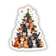 Cat Christmas Tree: A whimsical depiction of cartoon cats playfully nestled in a Christmas tree, available as unique stickers or digital artwork from Decal Venue.