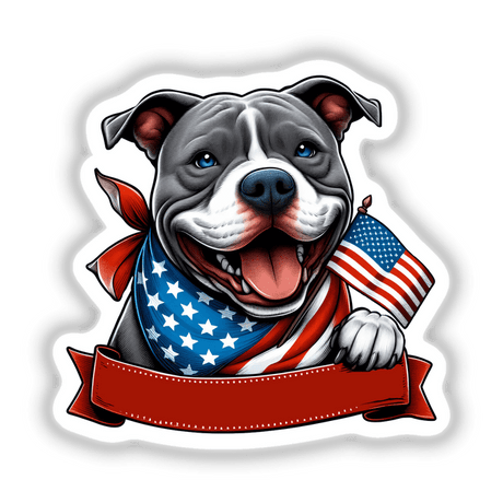 Colorful American Pitbull Dog Pride Sticker or Digital Download
Vibrant image of an American pitbull dog with patriotic stars and stripes bandana, showcasing pride and national spirit.