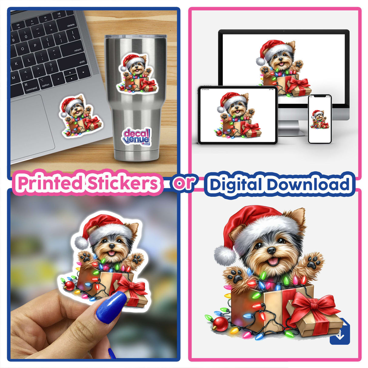 Christmas Lights Santa Yorkie in Gift Box IV features a playful Yorkie wearing a Santa hat, nestled in a box adorned with Christmas lights, available as charming stickers or digital artwork.