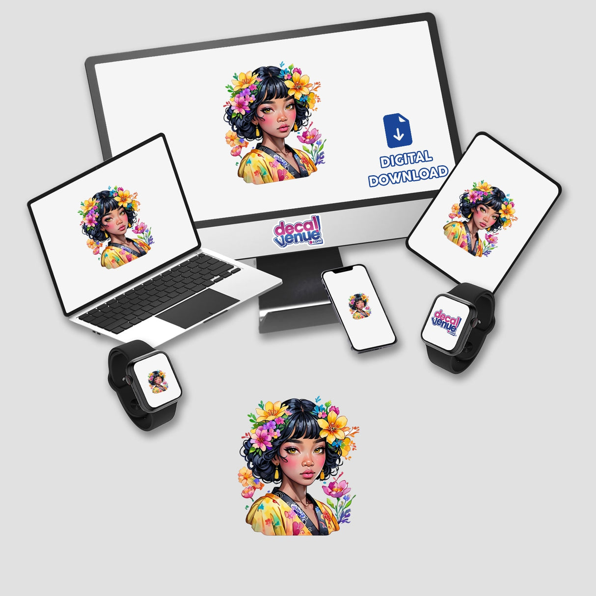 Digital artwork of a black Japanese girl in a yellow kimono, depicted on various devices like a computer monitor, laptop, and tablet, available as stickers or digital downloads.