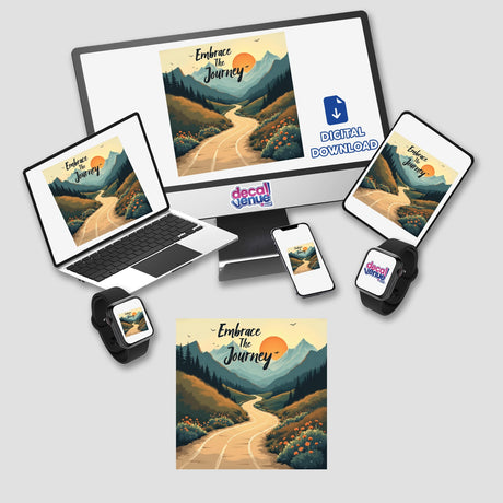 Embrace The Journey Sticker - Inspirational Affirmation Clipart featuring a computer monitor, laptop, phone, tablet, and smartwatch displaying a road leading to mountains. Available as Stickers or Digital Artwork.