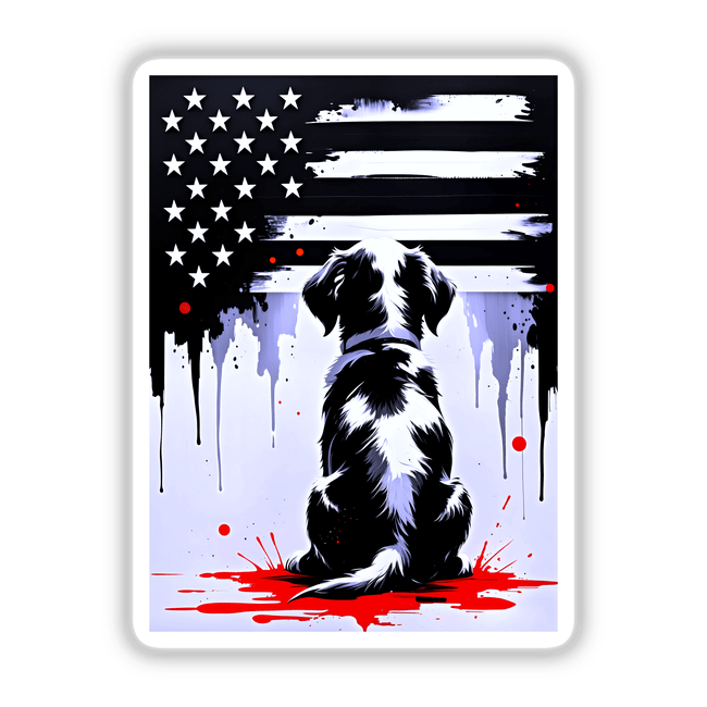 Cute black and white puppy looks at the American flag with white stars, available as vinyl stickers or digital artwork from Decal Venue, focusing on unique animal-themed designs.