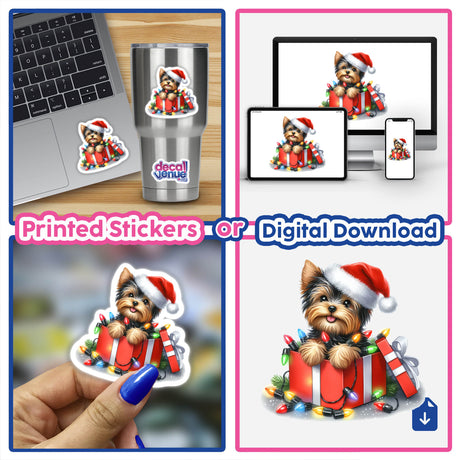 Christmas Lights Santa Yorkie Dog in Gift Box sticker, featuring a cute Yorkie wearing a Santa hat surrounded by festive lights. Available as a sticker or digital artwork.