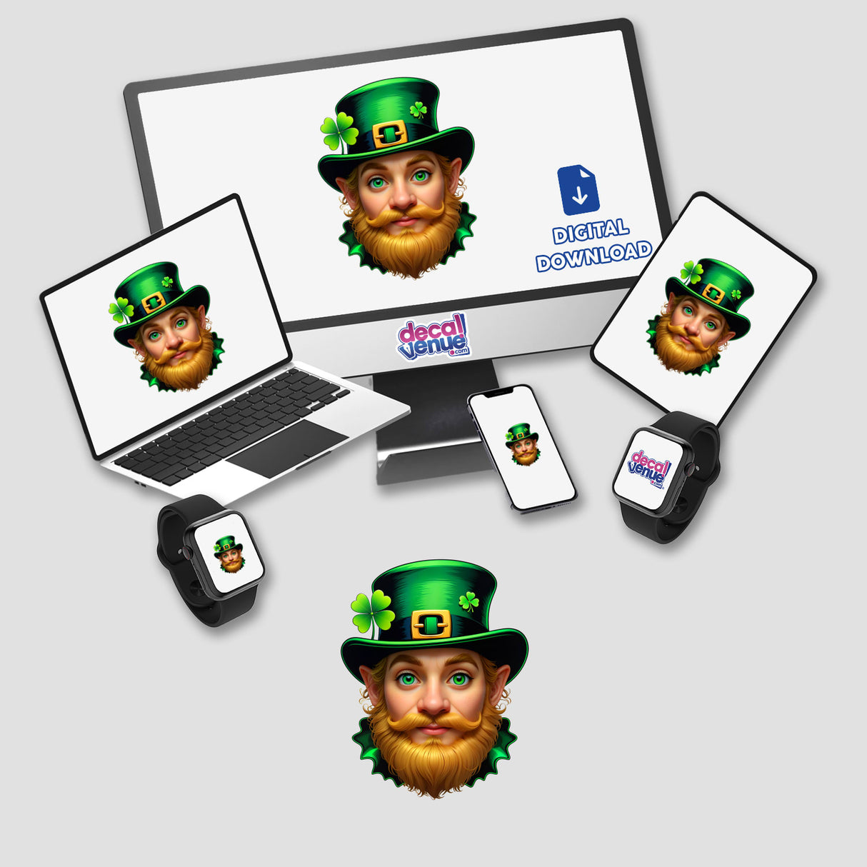 St. Patrick's Day Leprechaun design displayed on a computer monitor and laptop, featuring a cartoon leprechaun face, available as stickers or digital artwork from Decal Venue.