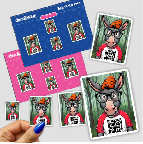 It Takes A Donkey To Know A Donkey Funny Quote stickers featuring whimsical cartoon donkeys with glasses and hats, held in a hand, available as unique decals or digital art.