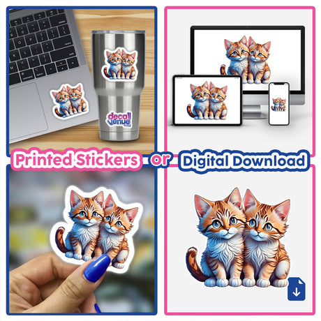 Playful twin kittens art displayed on stickers, digital downloads, and electronic devices from the Decal Venue store.