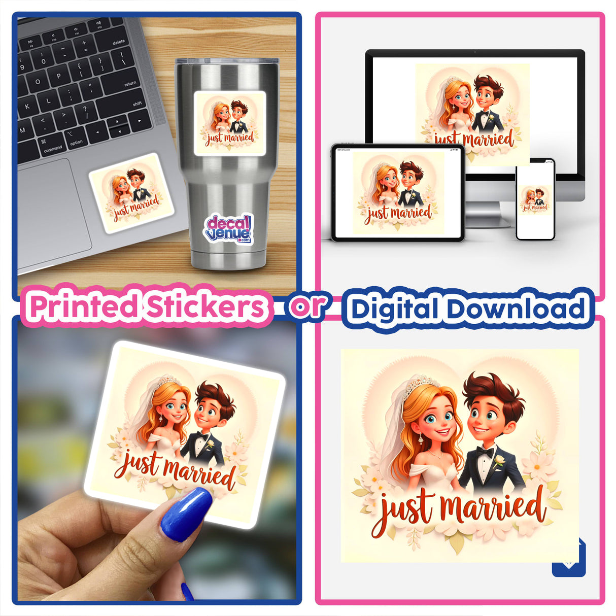 A collage showcasing A Cute Bride And Groom Just Married as stickers and digital artwork, featuring cartoon couples and characters, perfect for adding charm to laptops and personal items.