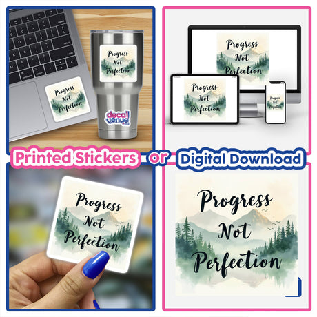 Progress Not Perfection Sticker: A collage showcasing an inspirational sticker emphasizing mental health and motivation, with Progress Not Perfection prominently featured, available as both stickers and digital artwork.