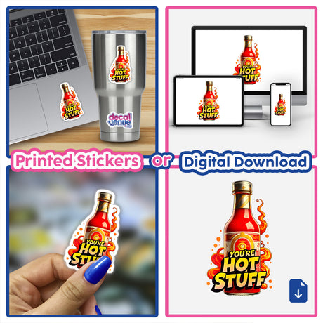 Collage featuring 'You're Hot Stuff Funny Quote' laptop sticker alongside a bottle of hot sauce, highlighting Decal Venue's unique vinyl stickers and digital art offerings.