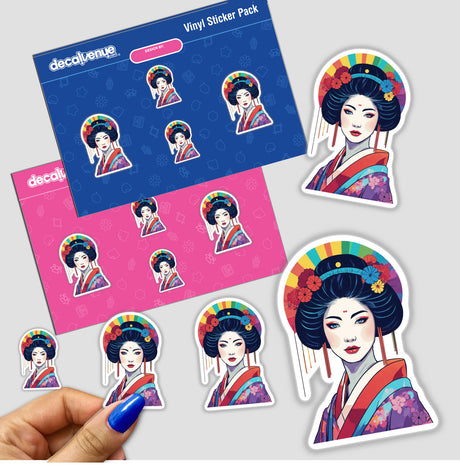 Sticker pack featuring a retro geisha illustration with flowers in her hair, available as individual stickers or digital artwork.