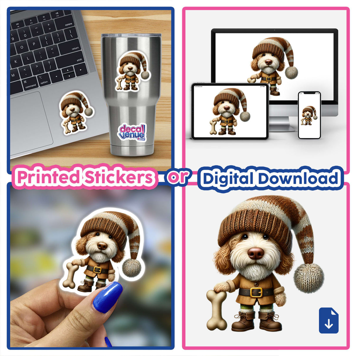 Adorable Labradoodle Gnome with Dog Bone - Cute digital artwork for stickers or downloads from DecalVenue.