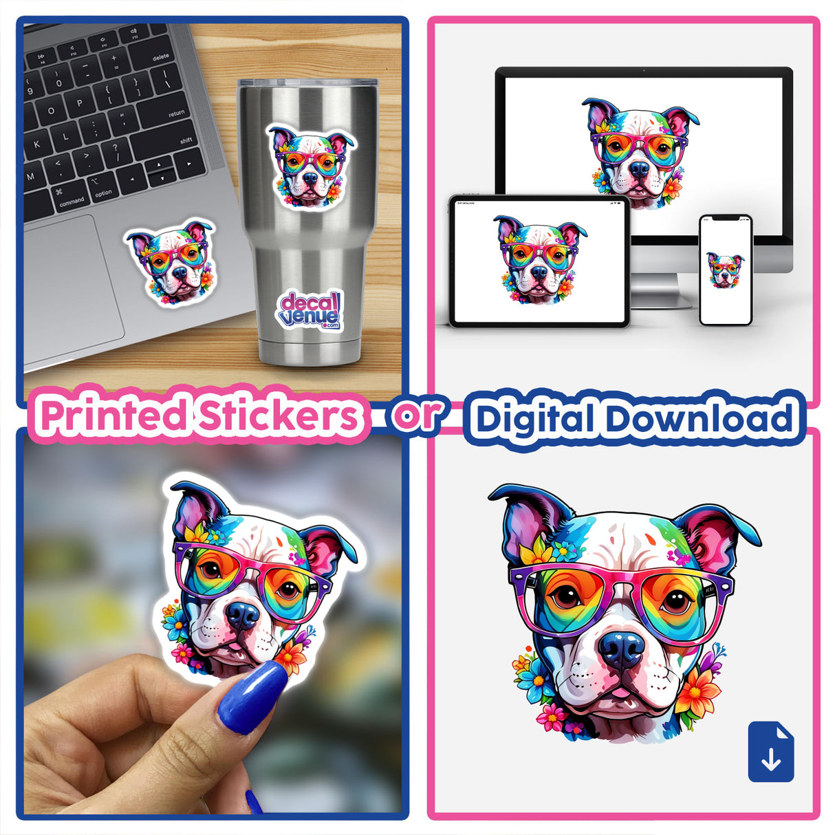 Pitbull wearing reading glasses sticker collage, featuring dog-themed designs on a cup, laptop, and as digital downloads.