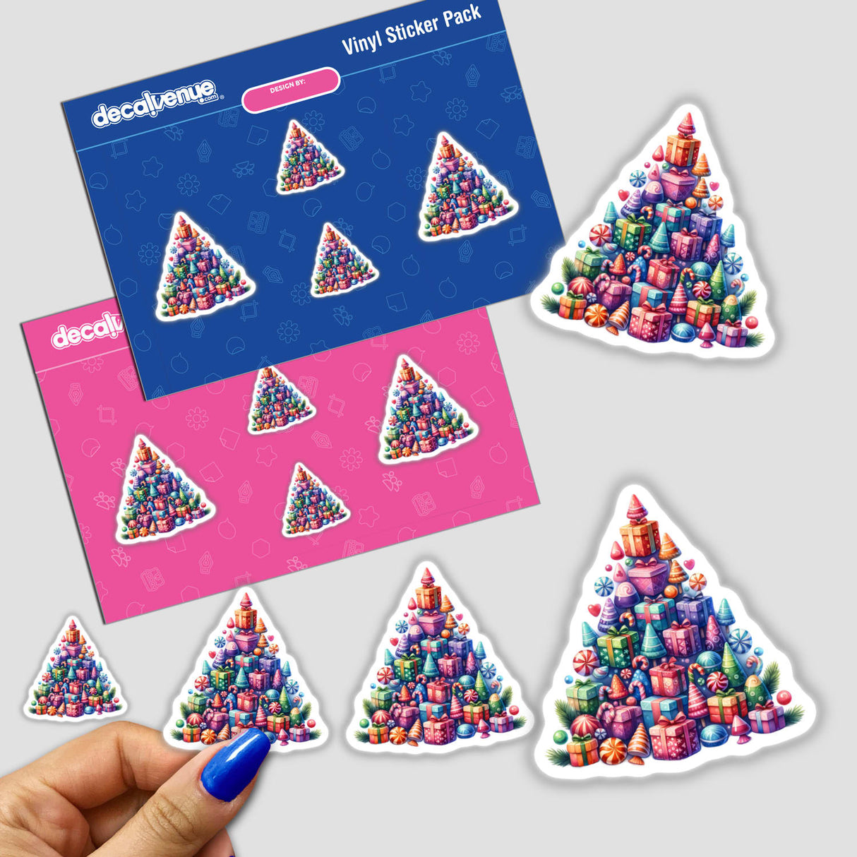 Christmas Candy Stacked Pyramid sticker pack featuring Christmas trees and gift designs, perfect for festive decoration. Available as stickers or digital artwork from Decal Venue.