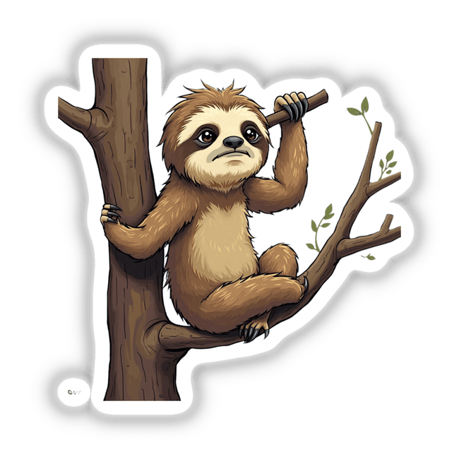 Adorable Sloth Climbing Tree: Cartoon sloth hanging from a tree branch, available as stickers or digital artwork from Decal Venue.