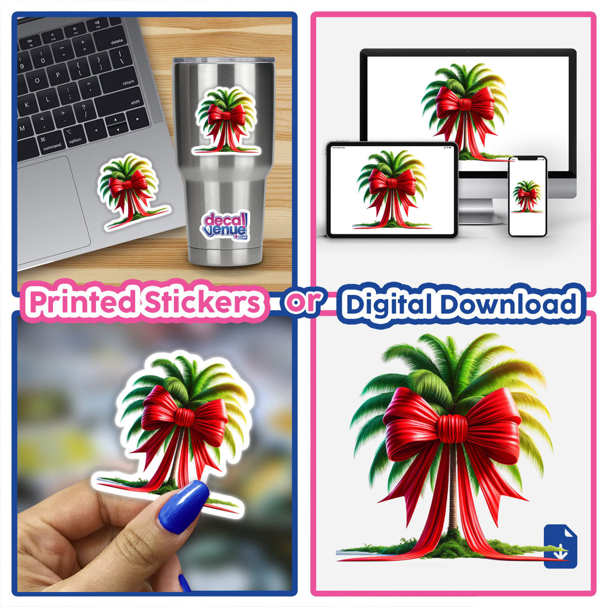 Vibrant digital artwork featuring a palm tree with a red coquette bow, available as printed stickers or digital downloads from DecalVenue store.