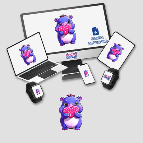 A Cute Pygmy Hippo With Love Hearts displayed on computer screens and a smartwatch, offered as stickers or digital artwork, featuring a cartoon hippo holding a heart.