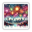 New Year’s Sparkle - Fireworks Over a Cityscape: A vibrant display of fireworks illuminating a city skyline, available as unique stickers or digital artwork from Decal Venue.